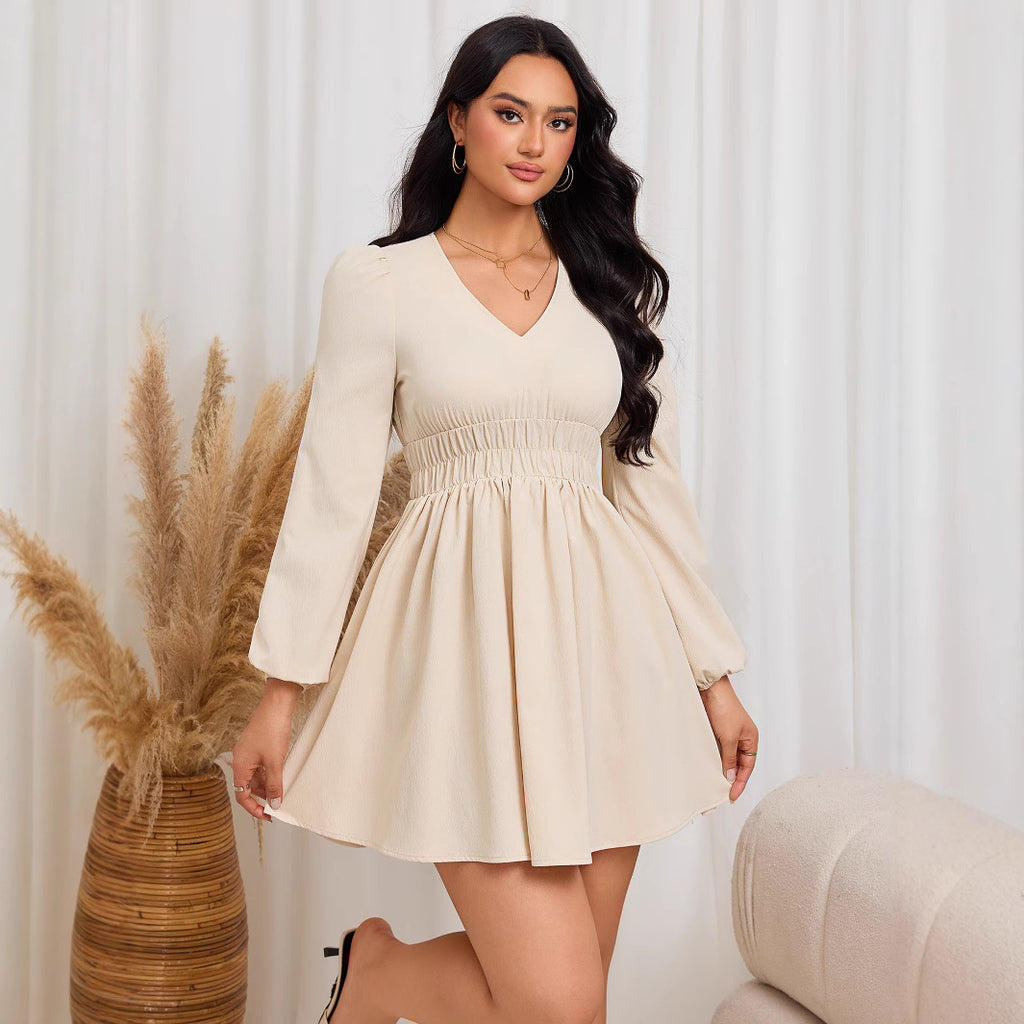 Women's V-Neck Elastic-Waist Midi Dress