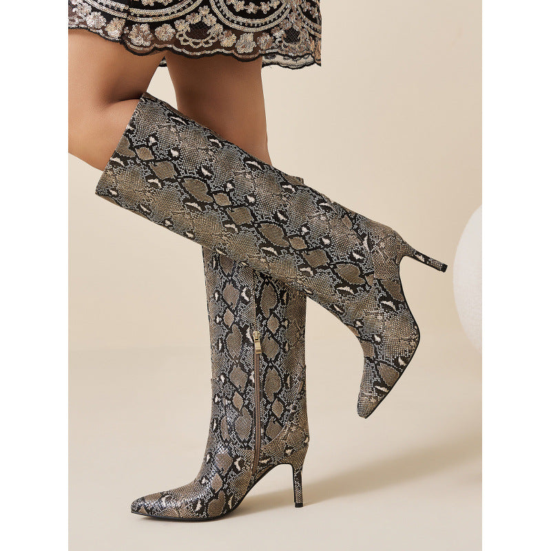 Women's Pointed-Toe Snake-Print Ankle Boots