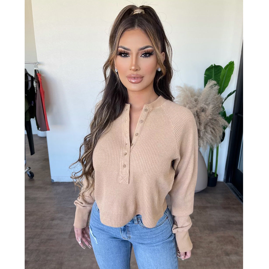 Women's Nightclub Uniforms Waffle Button Thread Baseball Collar Top
