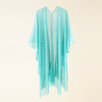 Light teal pearl-embellished sheer poncho with V-neck and tassel fringe