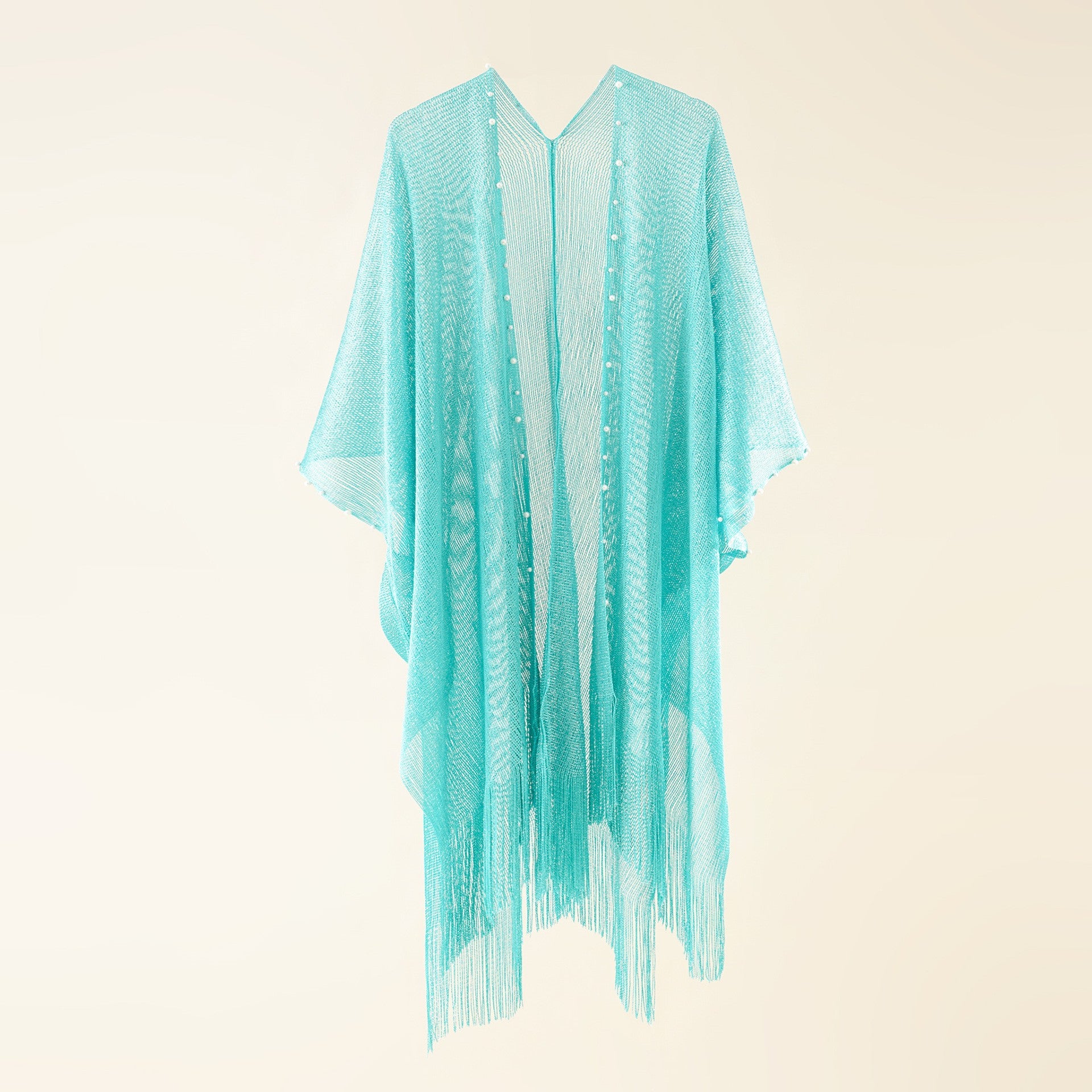 Light teal pearl-embellished sheer poncho with V-neck and tassel fringe