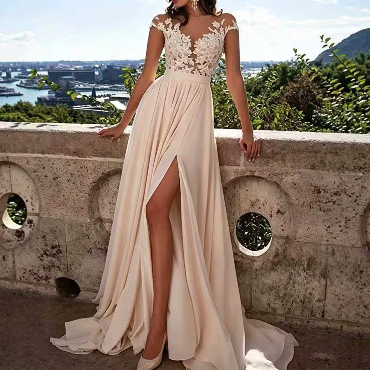 Women's White Lace Split Evening Dress