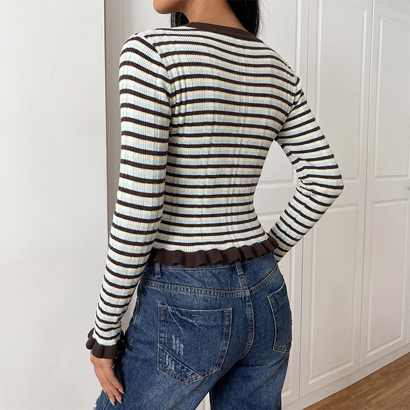 Retro Casual Striped O neck Short Bell Sleeve Sweater for