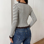 Retro Casual Striped O neck Short Bell Sleeve Sweater for