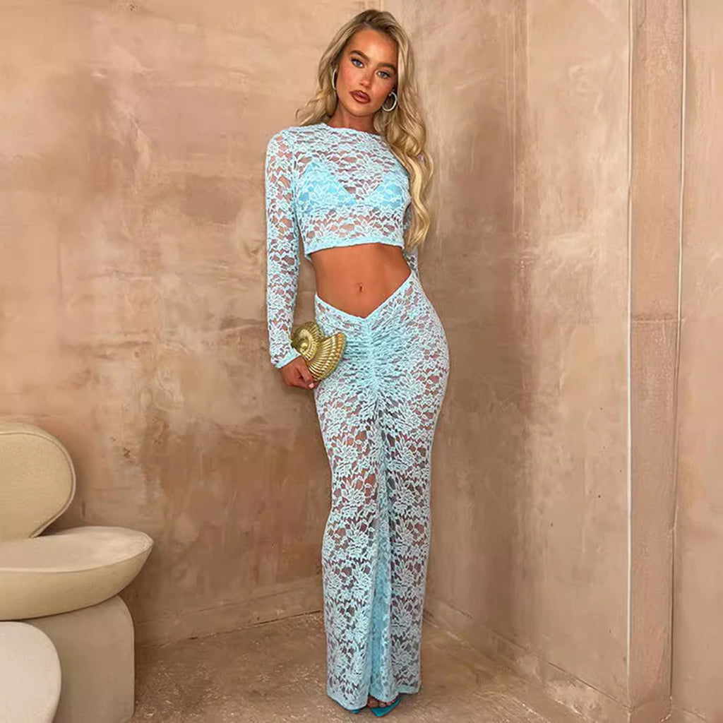 Women's Lace High-Waisted Long-Sleeve Two-Piece Skirt Set