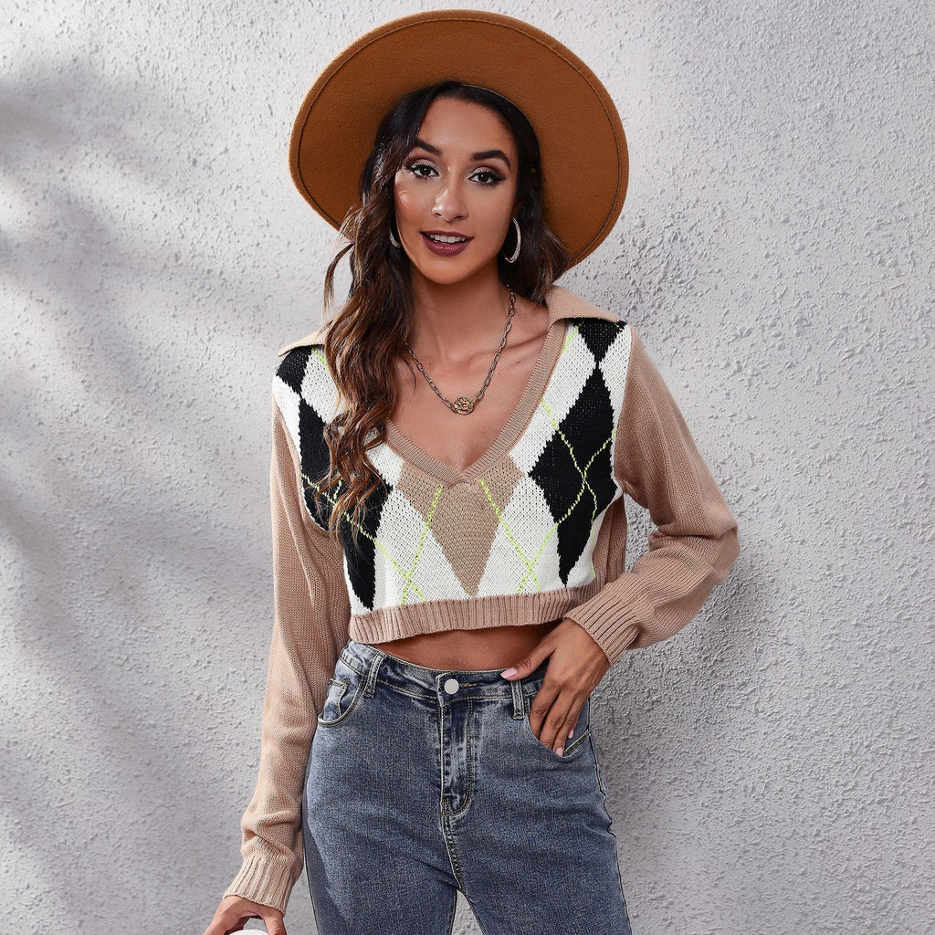 Women's Popular Rhombus Color Matching Doll Collar Rhombus Short Knitted Sweater Women Loose Women Clothing