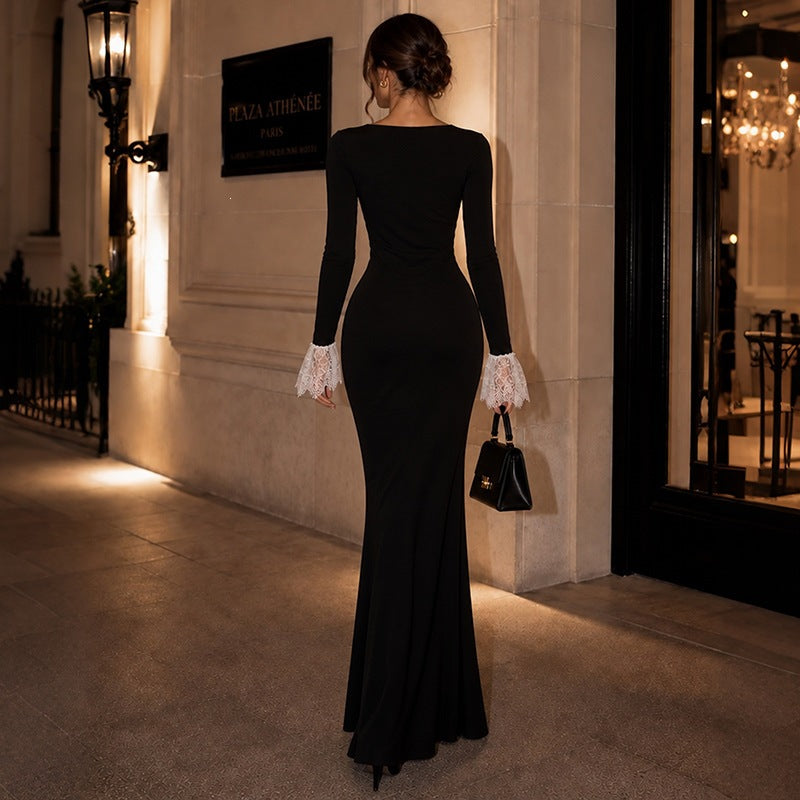 Fall Elegant Slim Fit Round Neck Long Sleeves Stitching Lace Sheath Dress