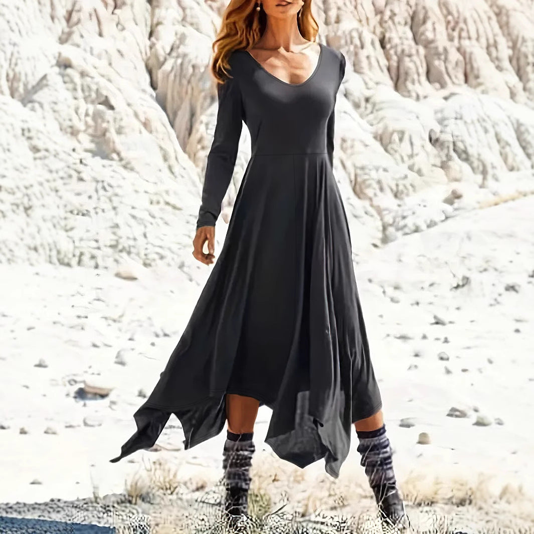 Asymmetric V-Neck Long-Sleeve Dress