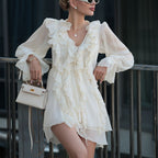 Ruffled V-Neck Long Sleeve A-Line Mini Dress