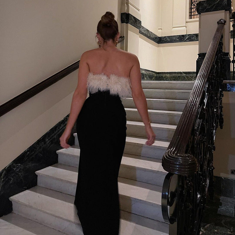 Women's Winter Off Shoulder Furry Tube Top Slit Dress