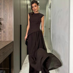 Women's Sleeveless Irregular Asymmetric Vest Women Design Pleated Wide Leg Trousers Women Two Piece Set