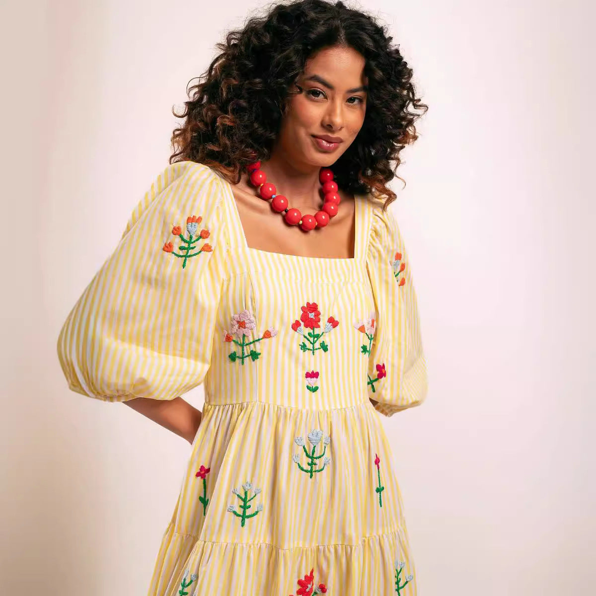 Women's Autumn Puff Sleeve Embroidered Square Neck Swing Dress