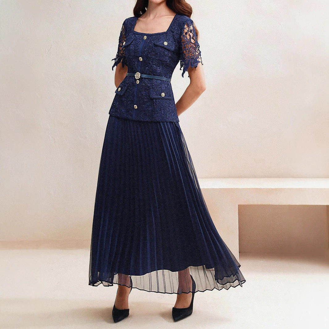 Women's Summer Short Sleeve Beads Metal Buckle Square Dress
