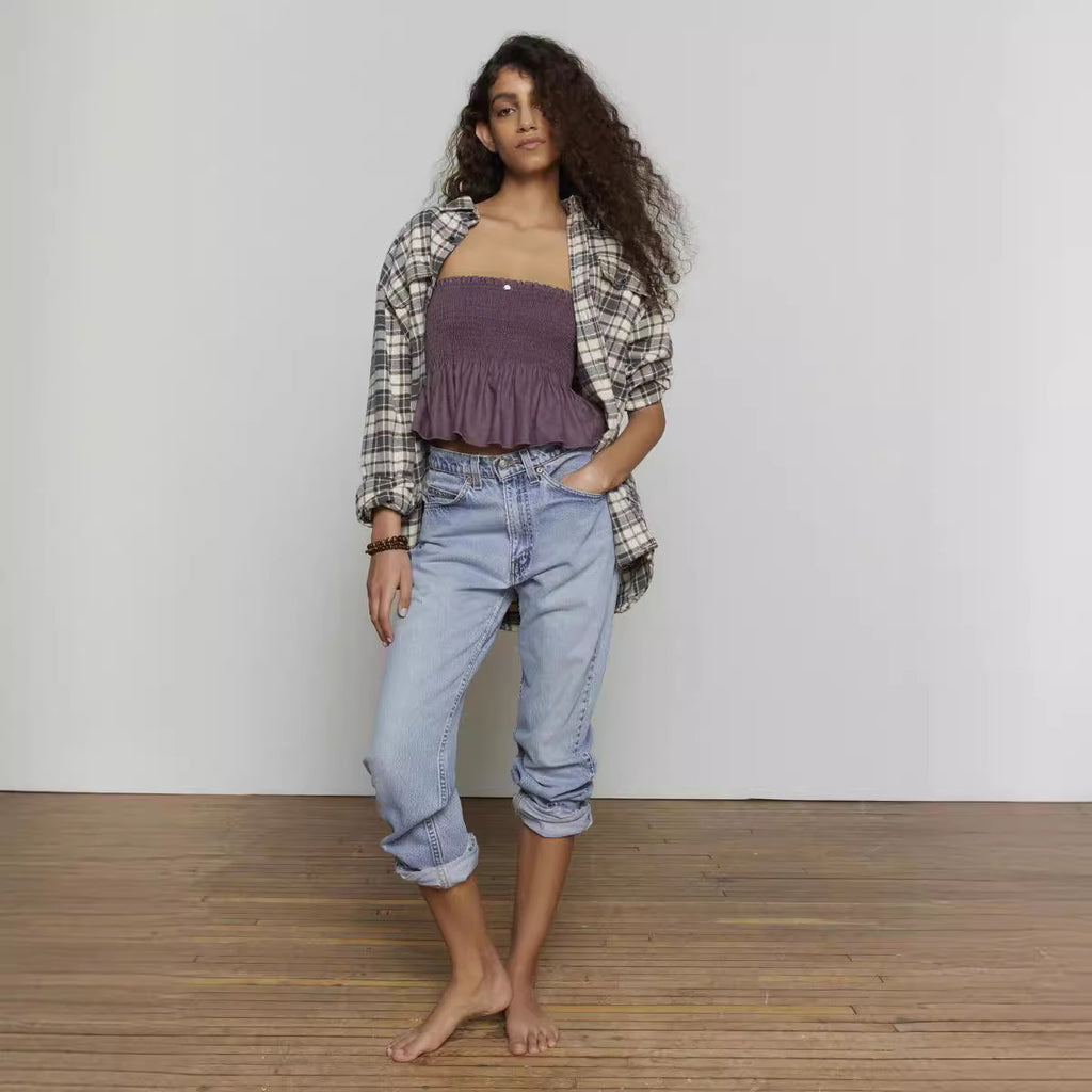 's Fall Top Solid Color Tube Top Pleated Vest