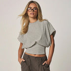 Spring Summer Street Casual Short Sleeved Striped Waist Trimming Short Top