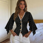 V Collar Polka Dot Top Single Breasted Office Waist Tight
