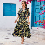 Summer Batwing Sleeve V-Neck Waist Slim Fit Maxi Dress Beach Holiday