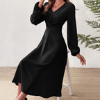 Women's French V Neck Dress Elegant A Line High Waist Midi Dress