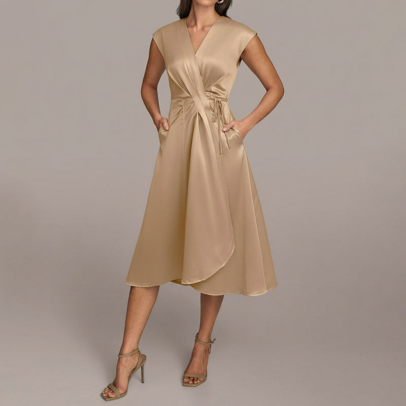 Elegant Irregular Asymmetric V-Neck Sleeveless Lace-Up Waist Satin