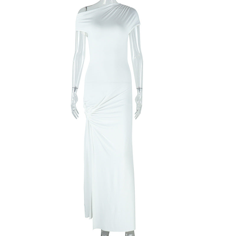 White short sleeve maxi dress, gathered side detail and center slit