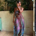 Multicolor floral maxi cami dress with spaghetti straps and draped asymmetrical hem