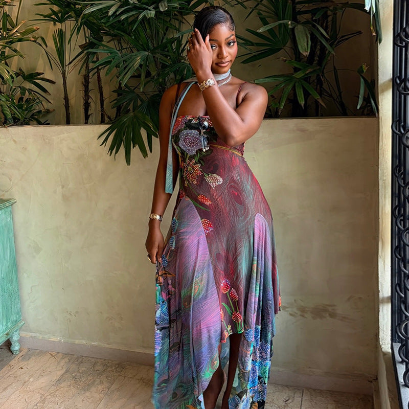 Multicolor floral maxi cami dress with spaghetti straps and draped asymmetrical hem