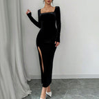 Black Velvet Square Neck Slit Dress