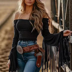 Women's Retro Western Tassel Off Shoulder Women T Shirt Solid Color Top