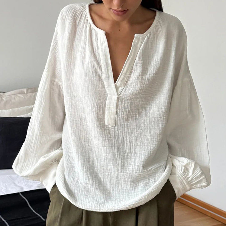 Women's French Bubble Crepe Lantern Sleeve Loose Casual Shirt Autumn Arrival Top Women