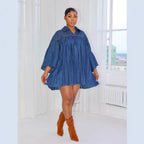Elegant Loose Denim Row Pleated Stitching Dress