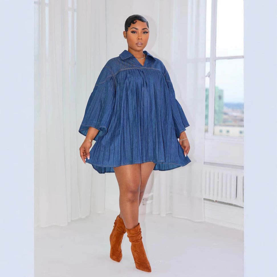 Elegant Loose Denim Row Pleated Stitching Dress