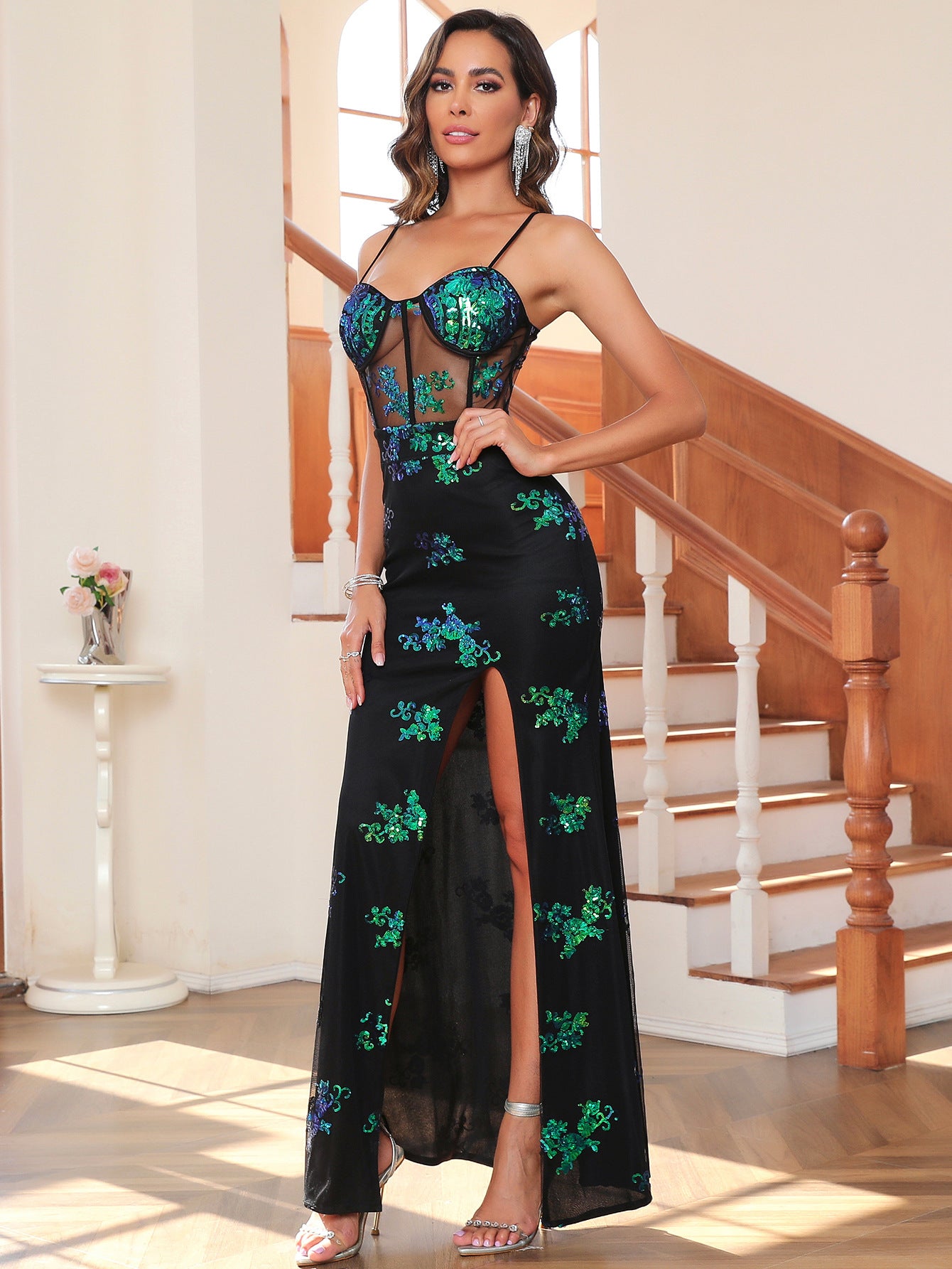 Women's Green Floral Sequin V-Neck Slit Maxi Dress