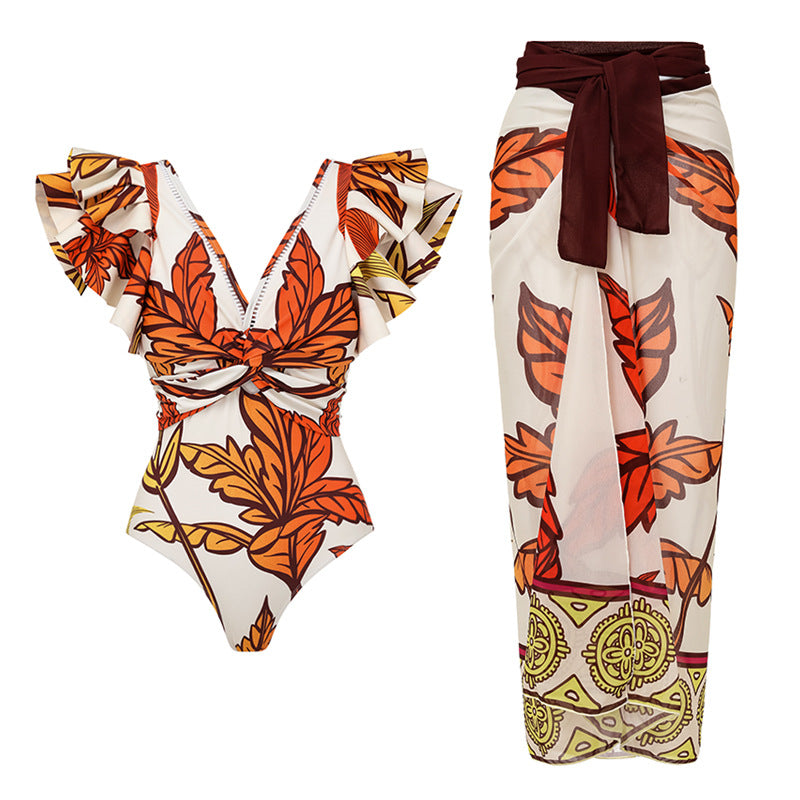 Neck Printed One-piece Swimwear