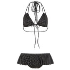 Black polka dot bikini set: tie triangle top with lace-up back and ruffled bottom