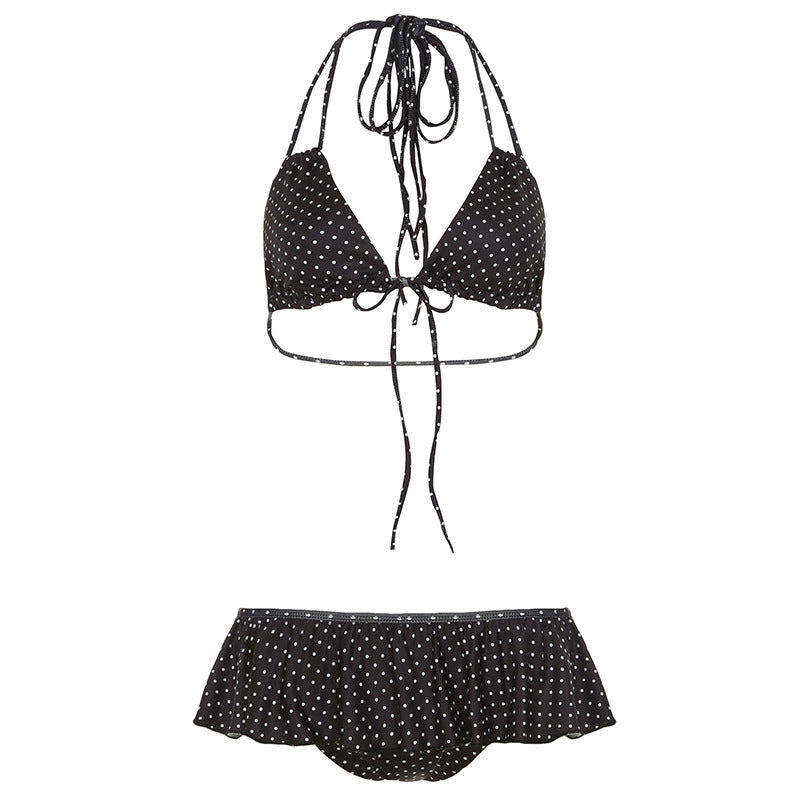 Black polka dot bikini set: tie triangle top with lace-up back and ruffled bottom