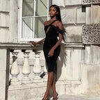 Spring Summer Sheath Dress Solid Color Cutout Diagonal Collar Elegant