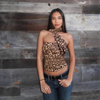 Women's Women Clothing Summer Leopard Print Off Neck Pleated Slim Ribbon Small Tank Top