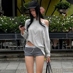 Women's Street Oblique Shoulder Striped Loose Long Sleeves Top Idle