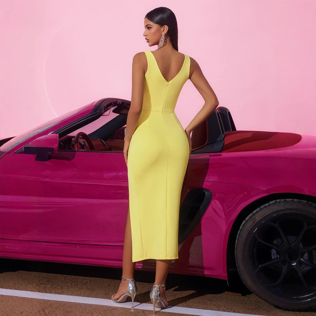 Women's Off-Shoulder Fit Figure Flattering Side Slit Pleated High Waist Strap Dress