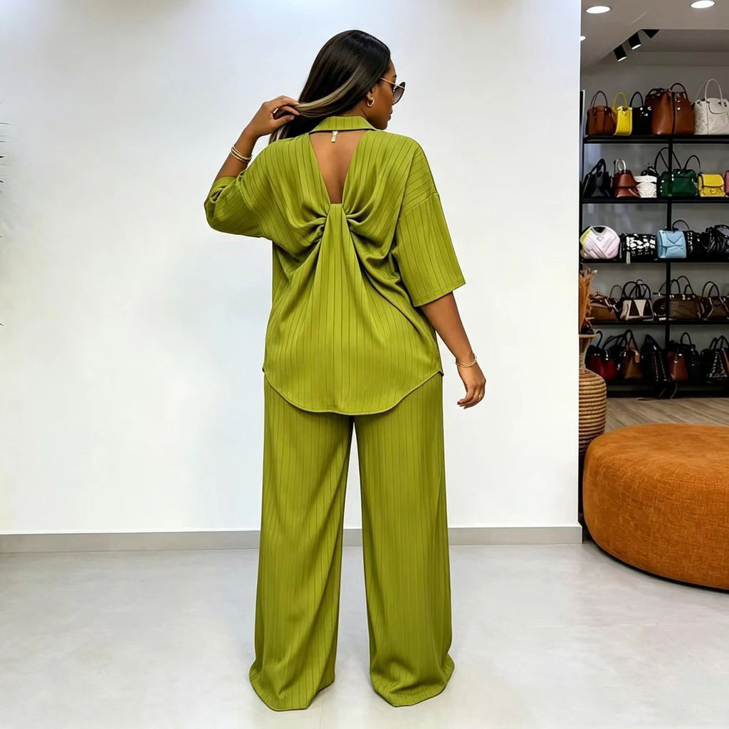 Women's Striped Shirt And Trousers Set