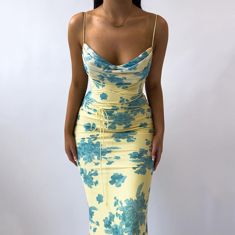 Strap Floral Fitting Print Pockets Collar Sling Dress