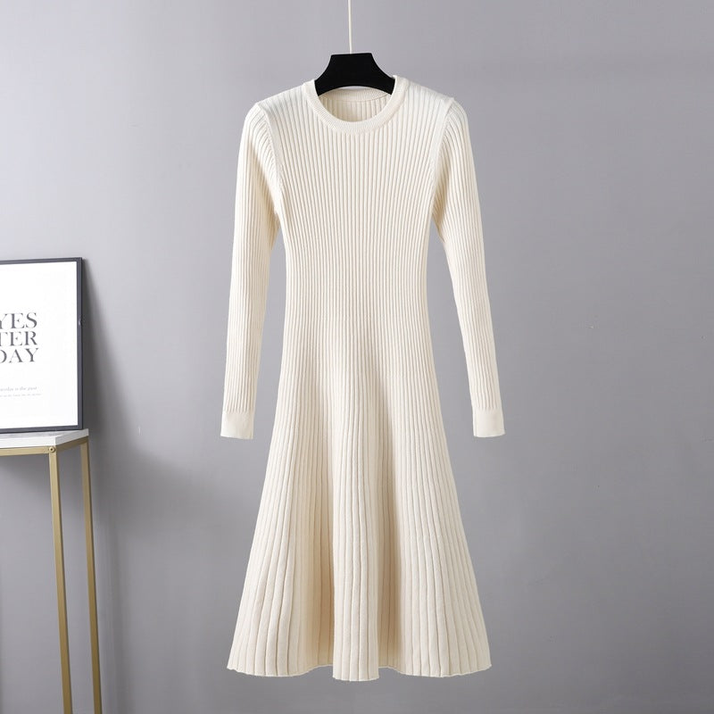 Fall Winter Slim Dress Women Mid Length Dress Round Neck Solid Color Inner Wear Base Sweater Dress A line Dress