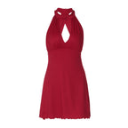 Women's Spring Sexy Scarf Button Low Cut Back Hollow Out Cutout out Halter Wave Edge Dress