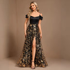 Women's Satin Mesh Sequin High-Slit Evening Dress