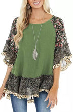 Women's Spring Summer Women Clothing Batwing Sleeve Color Blocking Leopard Floral Print Mid Length Sleeves T Shirt