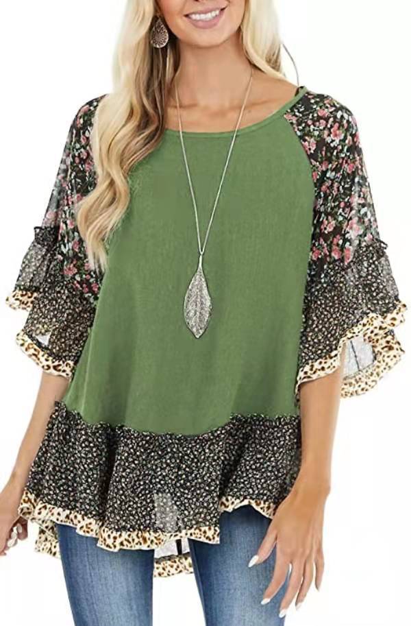 Women's Spring Summer Women Clothing Batwing Sleeve Color Blocking Leopard Floral Print Mid Length Sleeves T Shirt