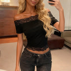Lace off Shoulder Sexy Waist Trimming Figure Flattering Short Sleeve Top Women