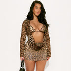 Women's Leopard Triangle Cup Swing Blouse and Skirt Three-Piece Set