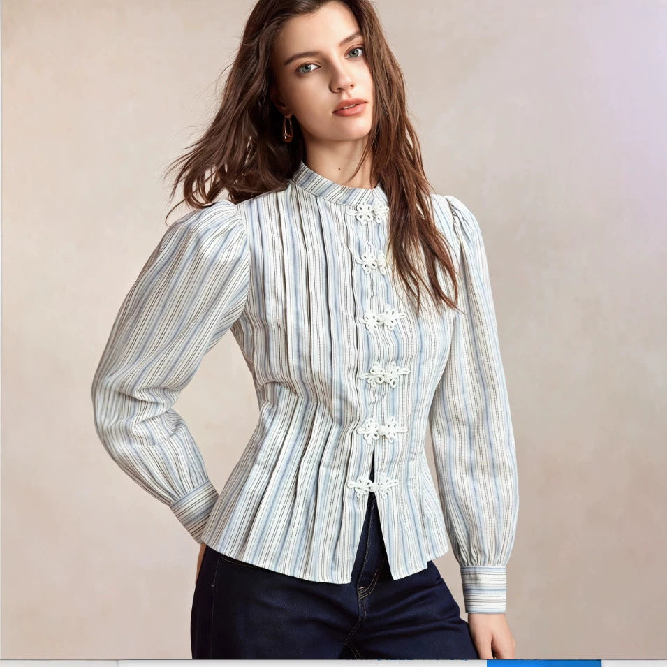 French Tight Waist Niche Casual Slim Design Women Summer Blouse Office Light Luxury Chinese Women Clothing