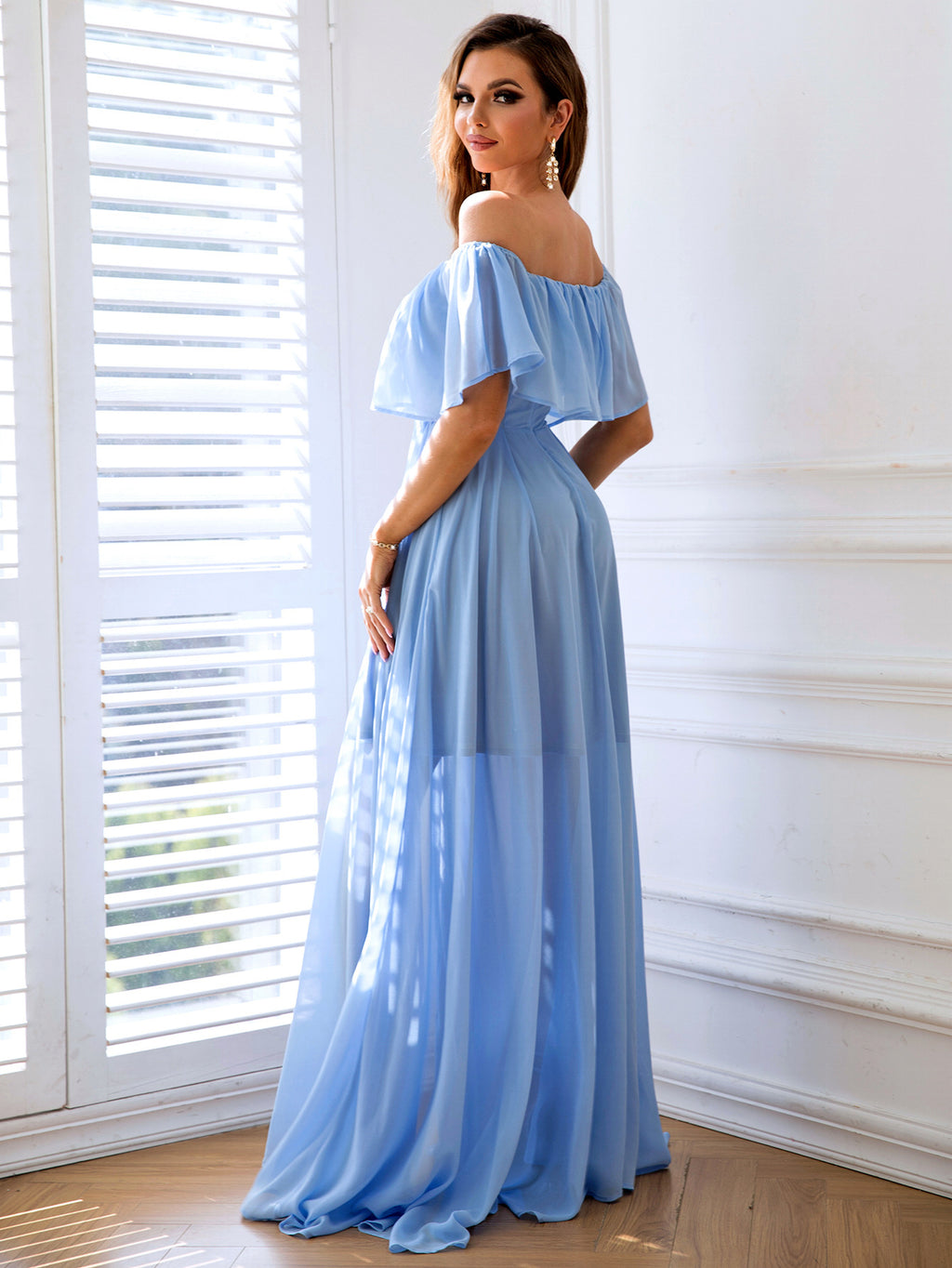 Off-Shoulder Ruffle Split Maxi Dress